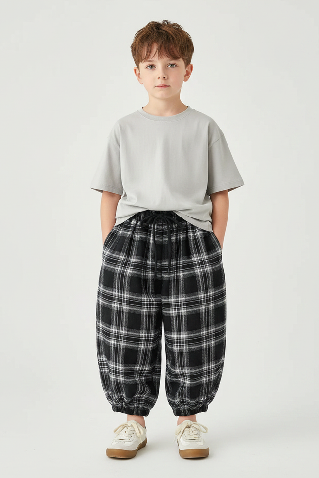Pantalon Fluide Carreaux Noir Blanc Ample Décontracté Enfant - Imprimé Molleton