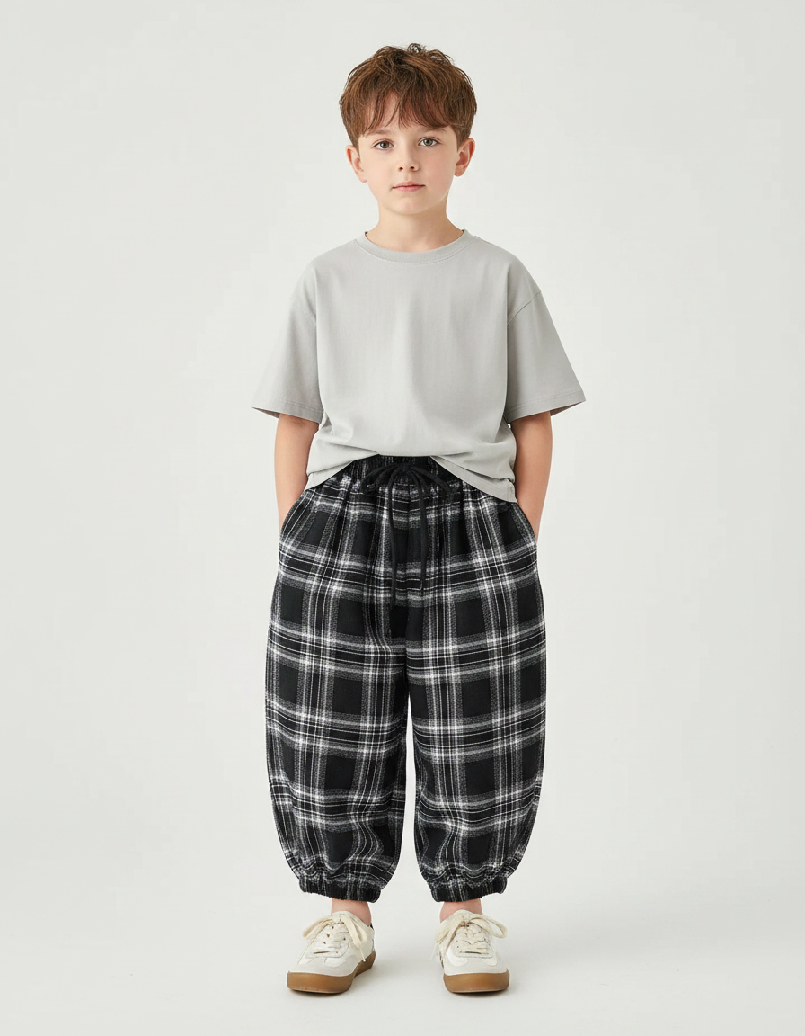 Pantalon Fluide Carreaux Noir Blanc Ample Décontracté Enfant - Imprimé Molleton
