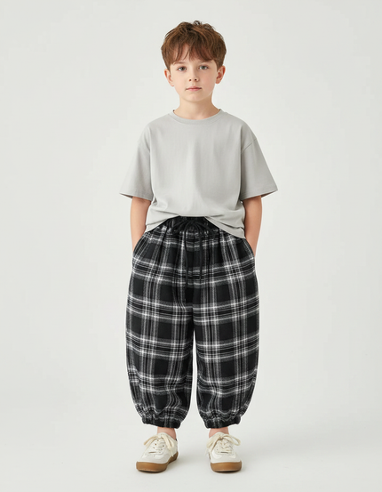 Pantalon Fluide Carreaux Noir Blanc Ample Décontracté Enfant - Imprimé Molleton