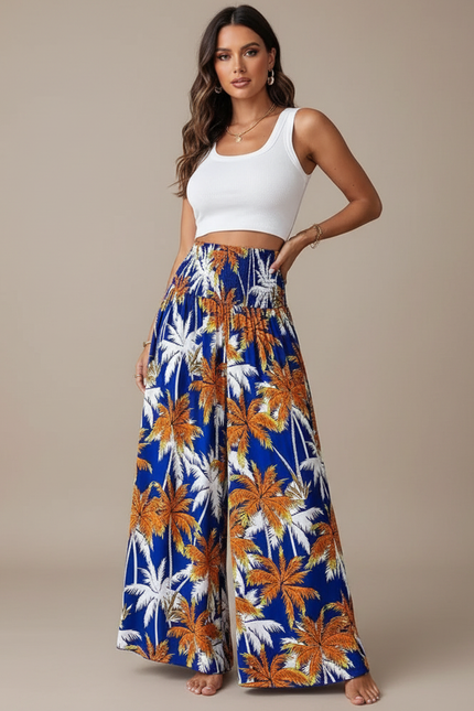 Pantalon Fluide Bleu Imprimé Palmiers Ample Bohème - Viscose