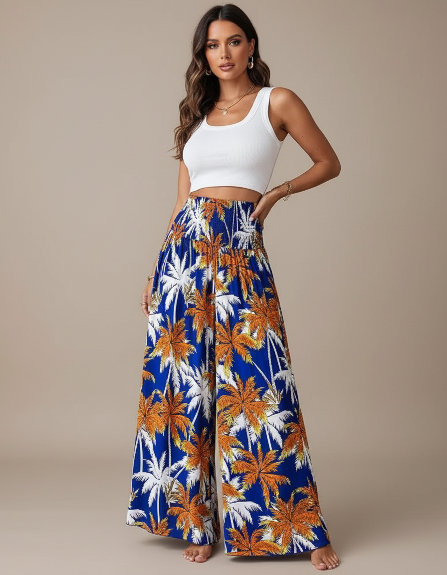 Pantalon Fluide Bleu Imprimé Palmiers Ample Bohème - Viscose
