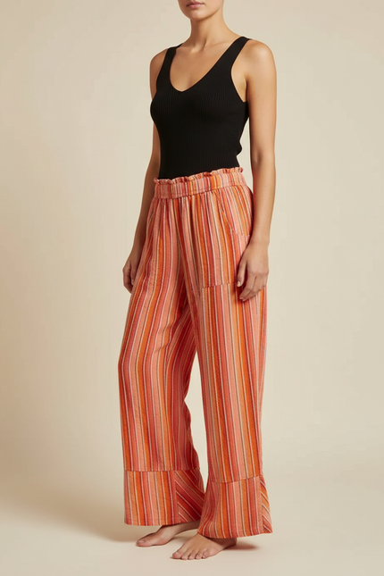 Pantalon Fluide Rayé Orange Ample Décontracté Taille Haute - Multicolore Lin