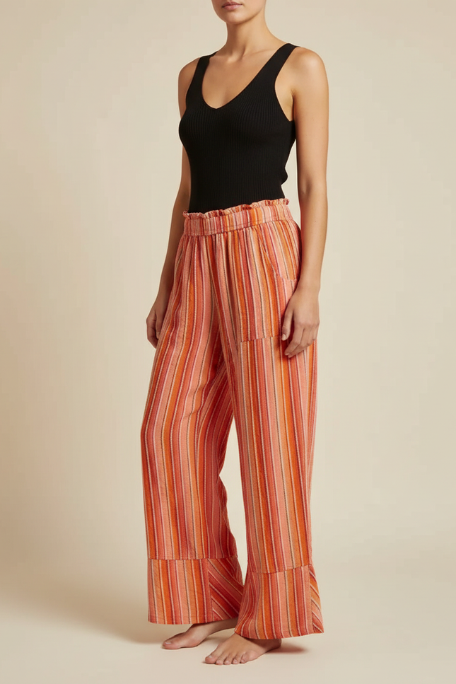 Pantalon Fluide Rayé Orange Ample Décontracté Taille Haute - Multicolore Lin