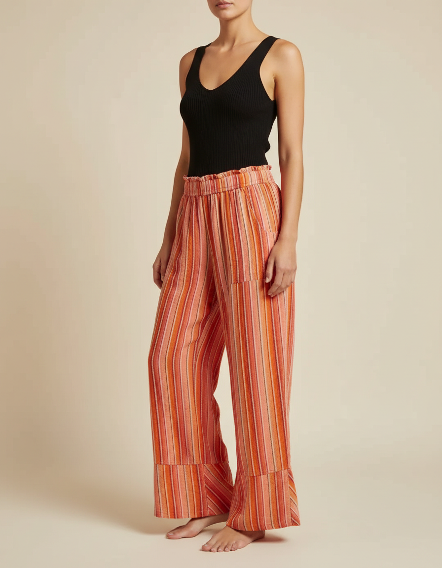 Pantalon Fluide Rayé Orange Ample Décontracté Taille Haute - Multicolore Lin