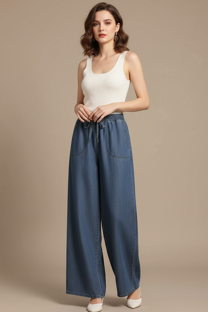 Pantalon Fluide Denim Ample Taille Haute Femme - Bleu Jean