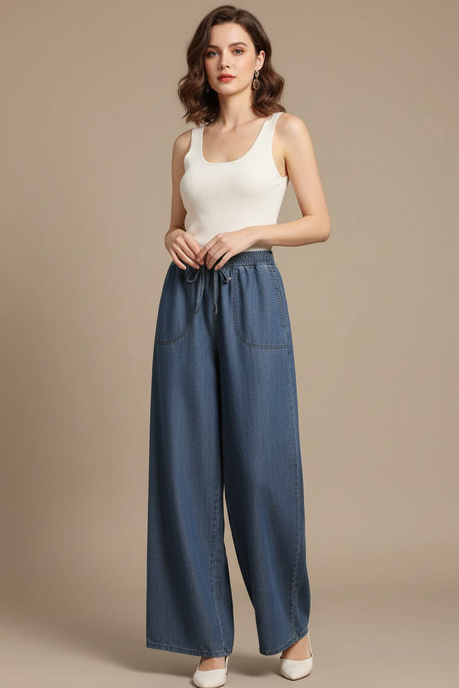 Pantalon Fluide Denim Ample Taille Haute Femme - Bleu Jean