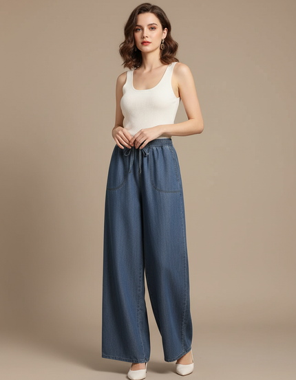 Pantalon Fluide Denim Ample Taille Haute Femme - Bleu Jean