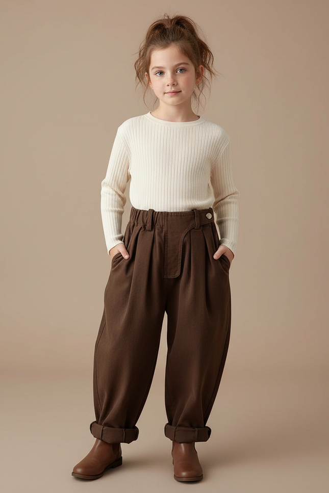 Pantalon Fluide Marron Ample Coton Enfant Taille Haute - Molleton