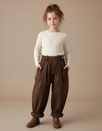Pantalon Fluide Marron Ample Coton Enfant Taille Haute - Molleton