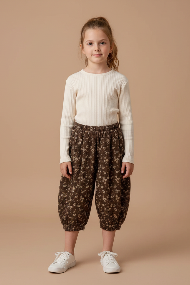 Pantalon Fluide Harem Marron Fleuri Enfant - Coton