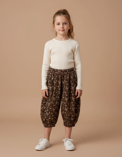 Pantalon Fluide Harem Marron Fleuri Enfant - Coton