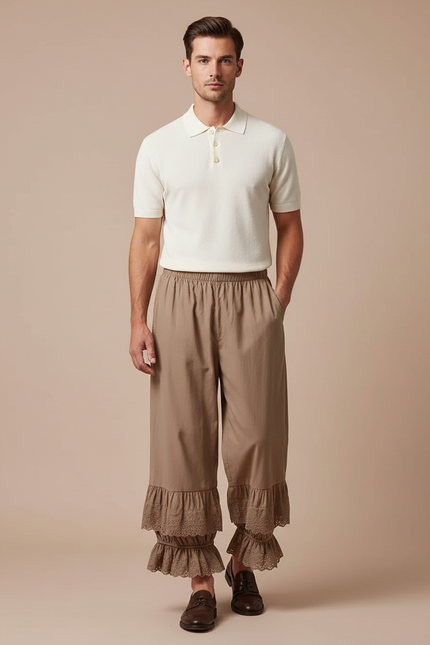 Pantalon Fluide Marron Ample Brodé Dentelle Coton