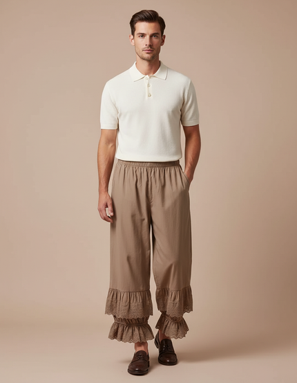 Pantalon Fluide Marron Ample Brodé Dentelle Coton