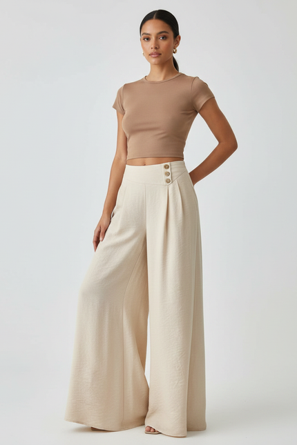 Pantalon Fluide Écru Ample Plissé Boutons Décontracté - Beige Lin