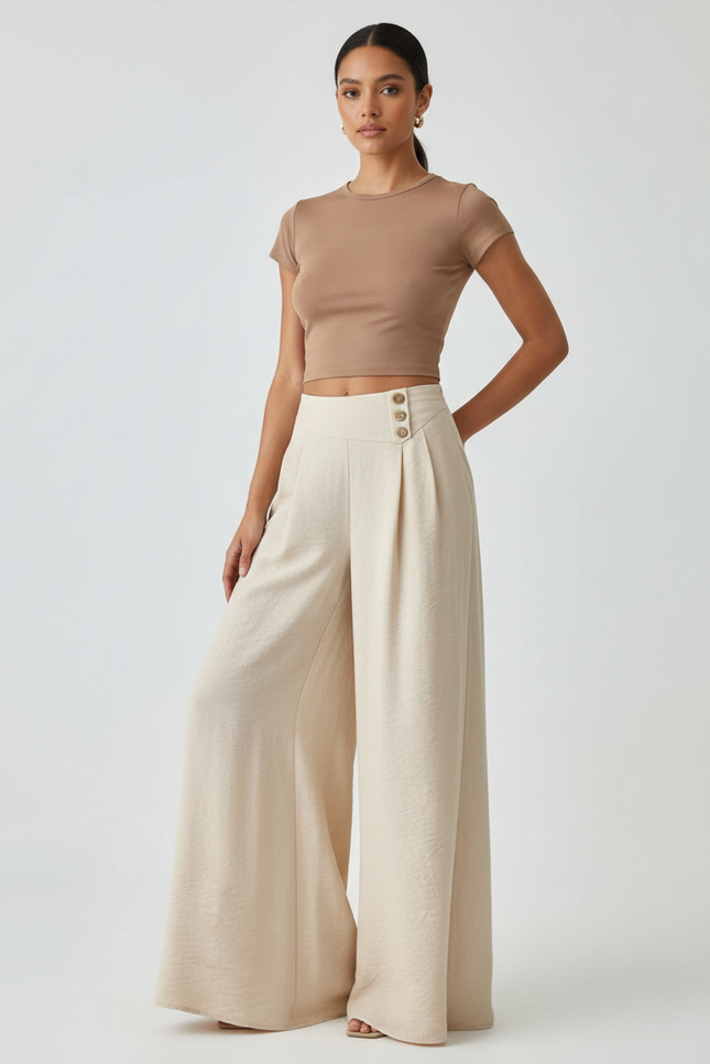 Pantalon Fluide Écru Ample Plissé Boutons Décontracté - Beige Lin