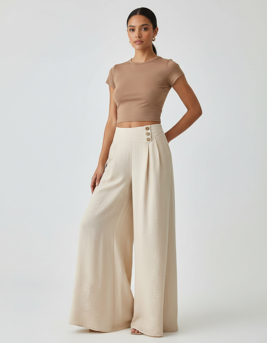 Pantalon Fluide Écru Ample Plissé Boutons Décontracté - Beige Lin