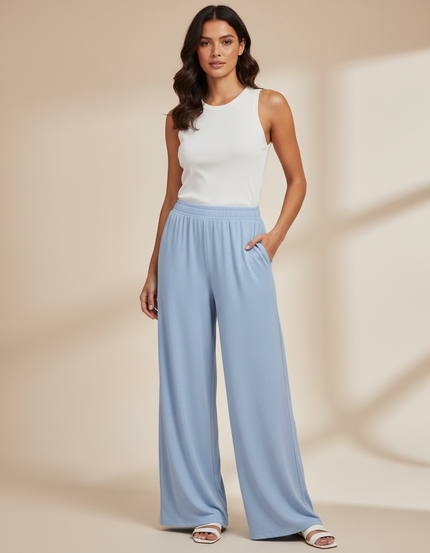 Pantalon Fluide Bleu Ciel Ample Décontracté Femme - Maille