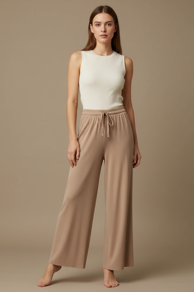Pantalon Fluide Beige Cordon Ample Doux Confortable Femme - Molleton