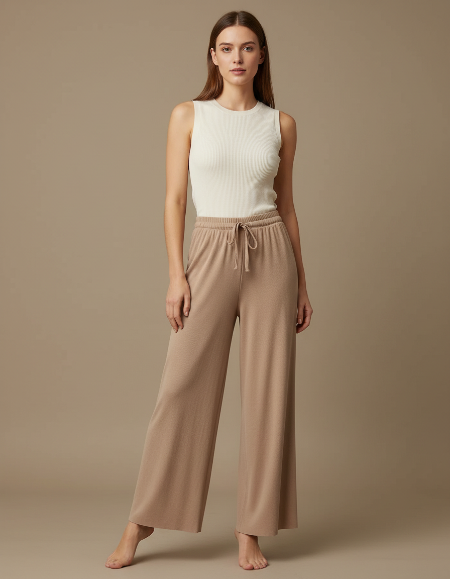 Pantalon Fluide Beige Cordon Ample Doux Confortable Femme - Molleton
