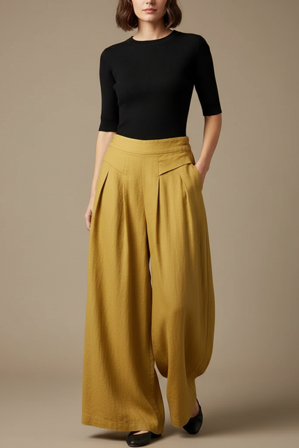 Pantalon Fluide Jaune Moutarde Ample Lin Taille Haute