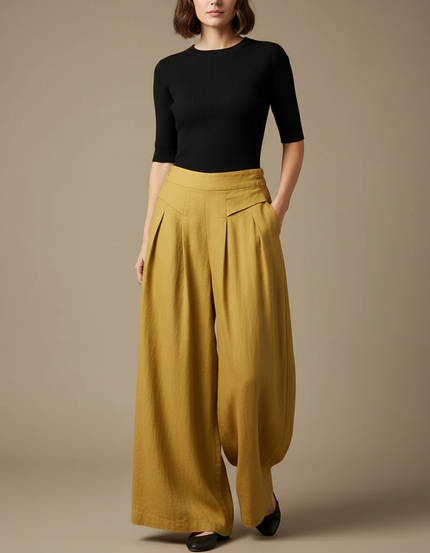 Pantalon Fluide Jaune Moutarde Ample Lin Taille Haute