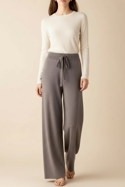Pantalon Fluide Gris Maille Ample Cordon Décontracté