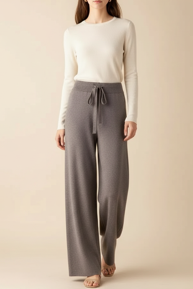 Pantalon Fluide Gris Maille Ample Cordon Décontracté
