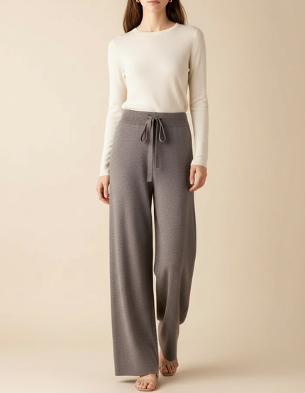 Pantalon Fluide Gris Maille Ample Cordon Décontracté