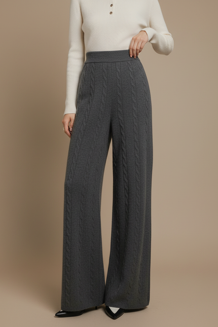 Pantalon Fluide Gris Maille Câblée Laine Mérinos Ample