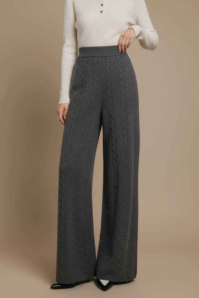 Pantalon Fluide Gris Maille Câblée Laine Mérinos Ample