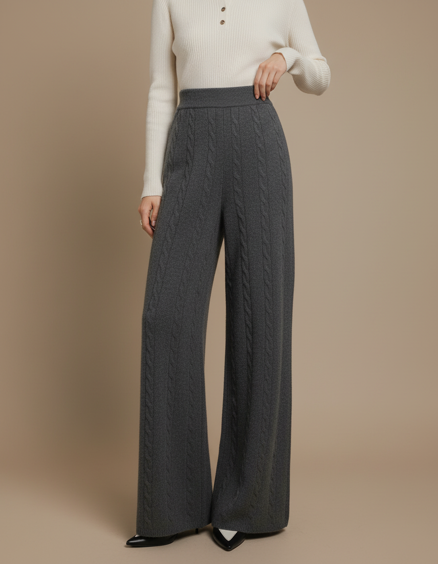 Pantalon Fluide Gris Maille Câblée Laine Mérinos Ample