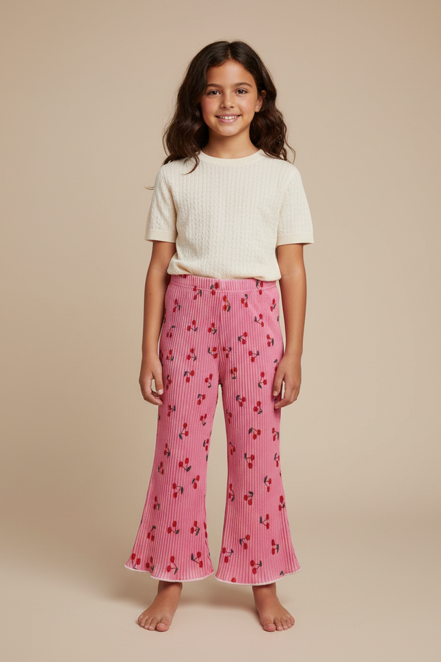 Pantalon Fluide Rose Plissé Évasé Cerises Fille - Maille