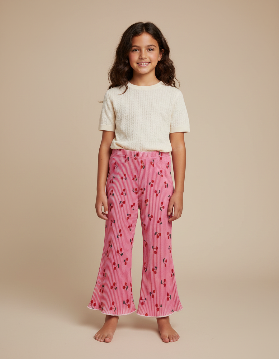 Pantalon Fluide Rose Plissé Évasé Cerises Fille - Maille