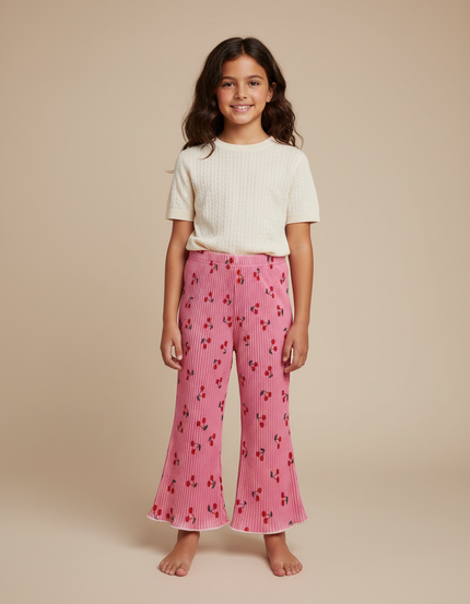 Pantalon Fluide Rose Plissé Évasé Cerises Fille - Maille