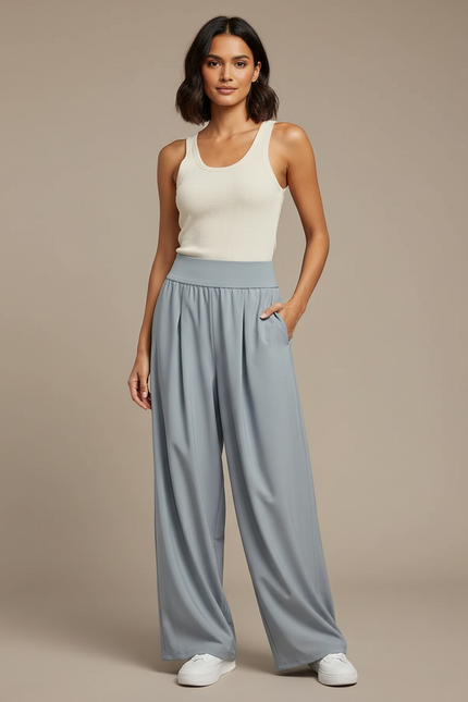 Pantalon Fluide Gris Ample Plissé Décontracté - Polyester
