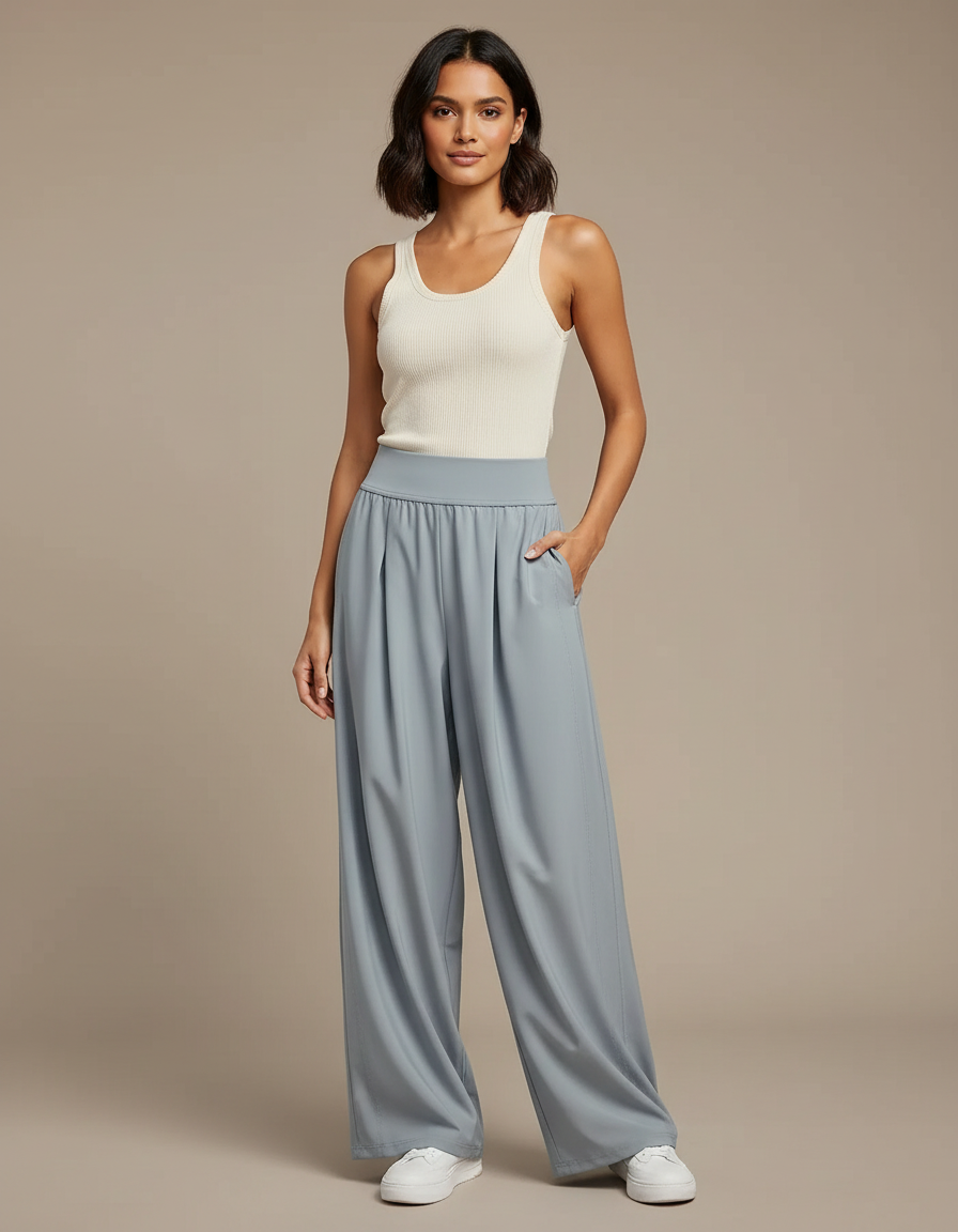 Pantalon Fluide Gris Ample Plissé Décontracté - Polyester