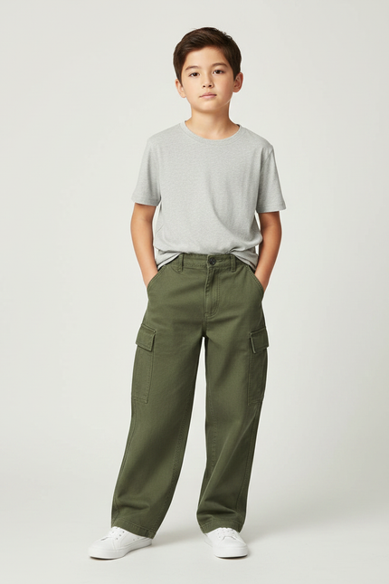 Pantalon Fluide Kaki Coton Ample Cargo Enfant - Toile