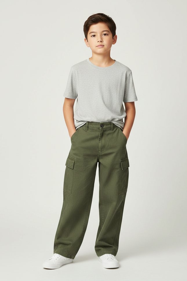 Pantalon Fluide Kaki Coton Ample Cargo Enfant - Toile