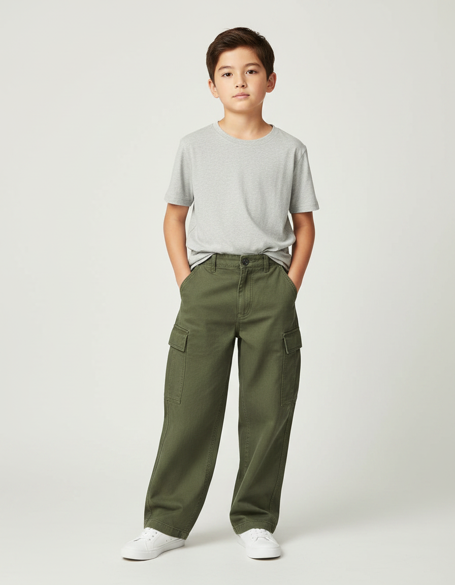 Pantalon Fluide Kaki Coton Ample Cargo Enfant - Toile