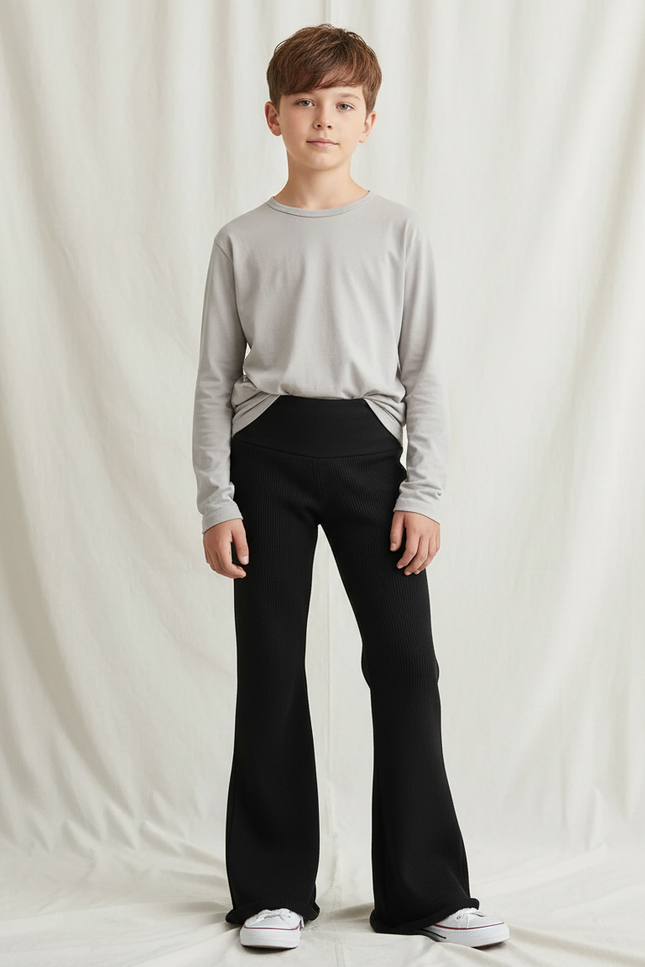 Pantalon Fluide Noir Côtelé Évasé Confortable Enfant - Maille