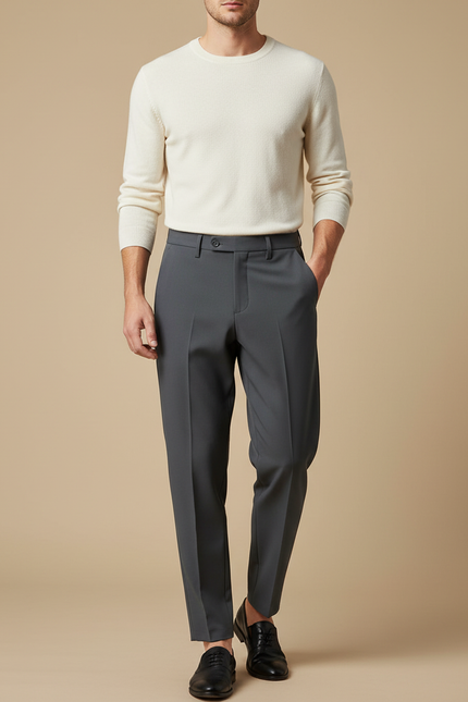 Pantalon Fluide Homme Gris Coupe Droite Élégant - Polyester