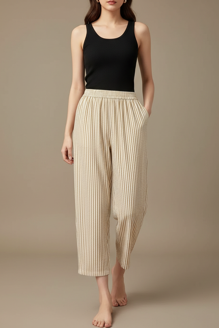 Pantalon Fluide Rayé Beige Ample Confortable Décontracté - Lin