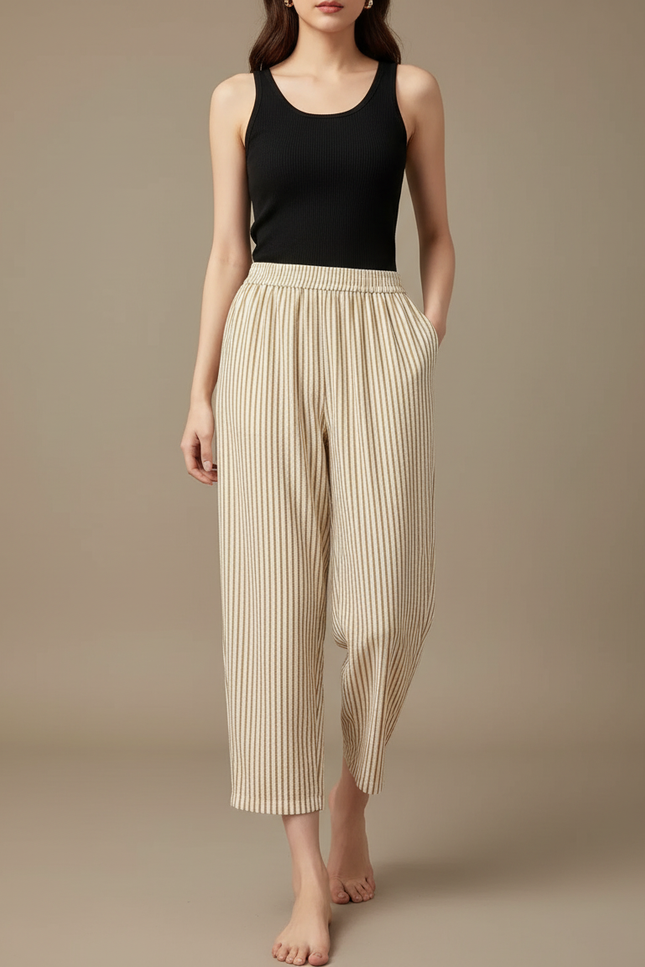 Pantalon Fluide Rayé Beige Ample Confortable Décontracté - Lin