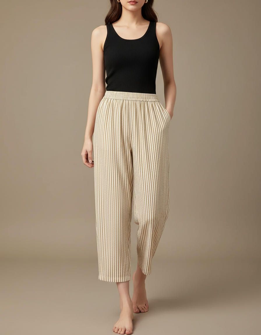 Pantalon Fluide Rayé Beige Ample Confortable Décontracté - Lin