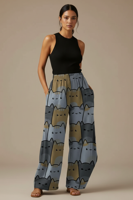 Pantalon Fluide Imprimé Chats Ample Décontracté Gris Marron - Multicolore Viscose