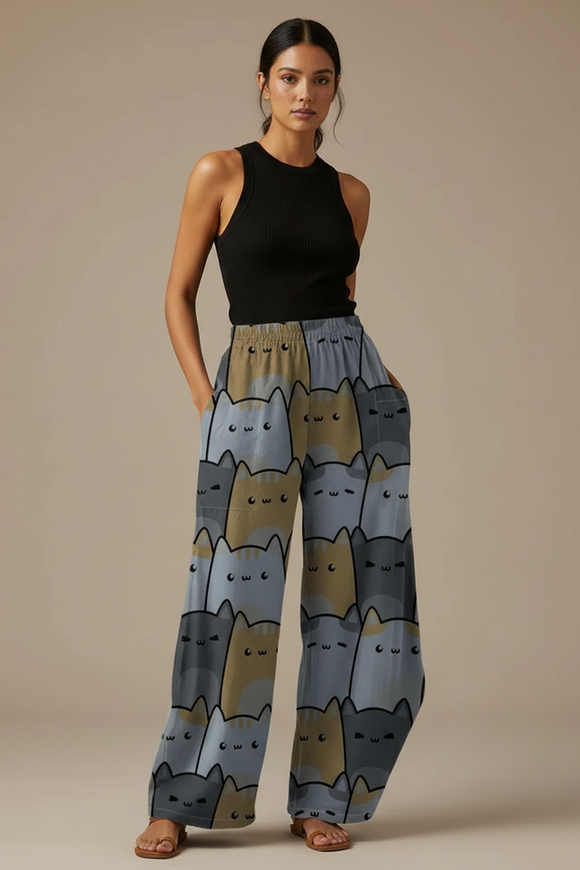 Pantalon Fluide Imprimé Chats Ample Décontracté Gris Marron - Multicolore Viscose