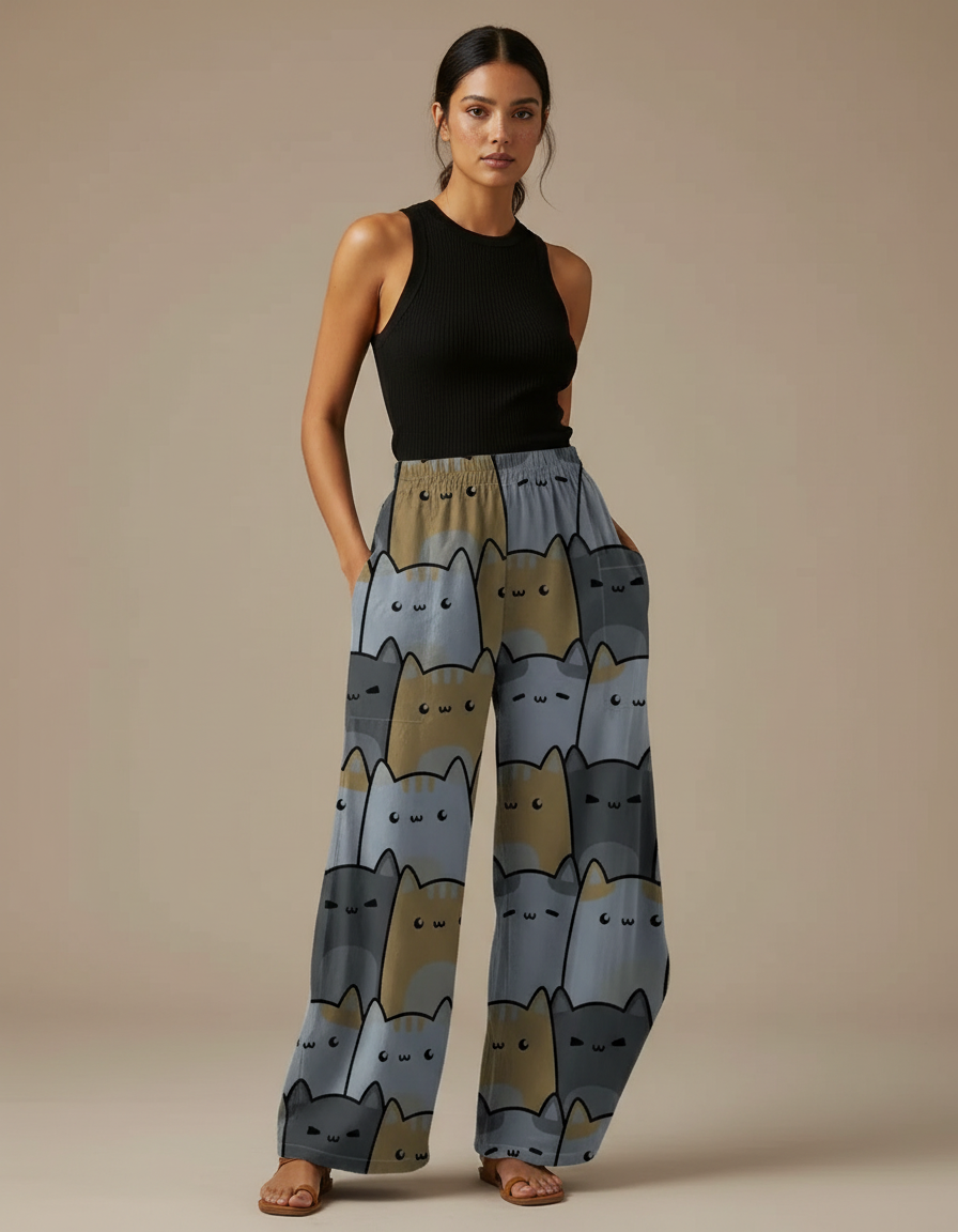 Pantalon Fluide Imprimé Chats Ample Décontracté Gris Marron - Multicolore Viscose
