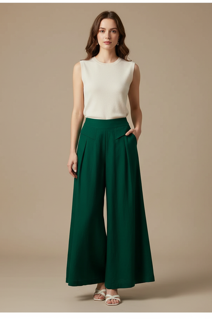 Pantalon Fluide Vert Émeraude Ample Taille Haute - Viscose