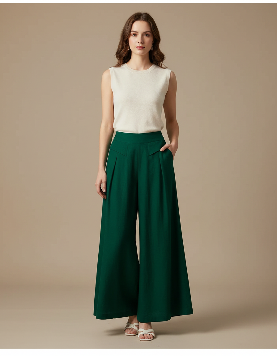 Pantalon Fluide Vert Émeraude Ample Taille Haute - Viscose