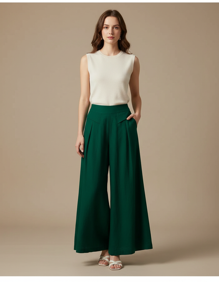 Pantalon Fluide Vert Émeraude Ample Taille Haute - Viscose
